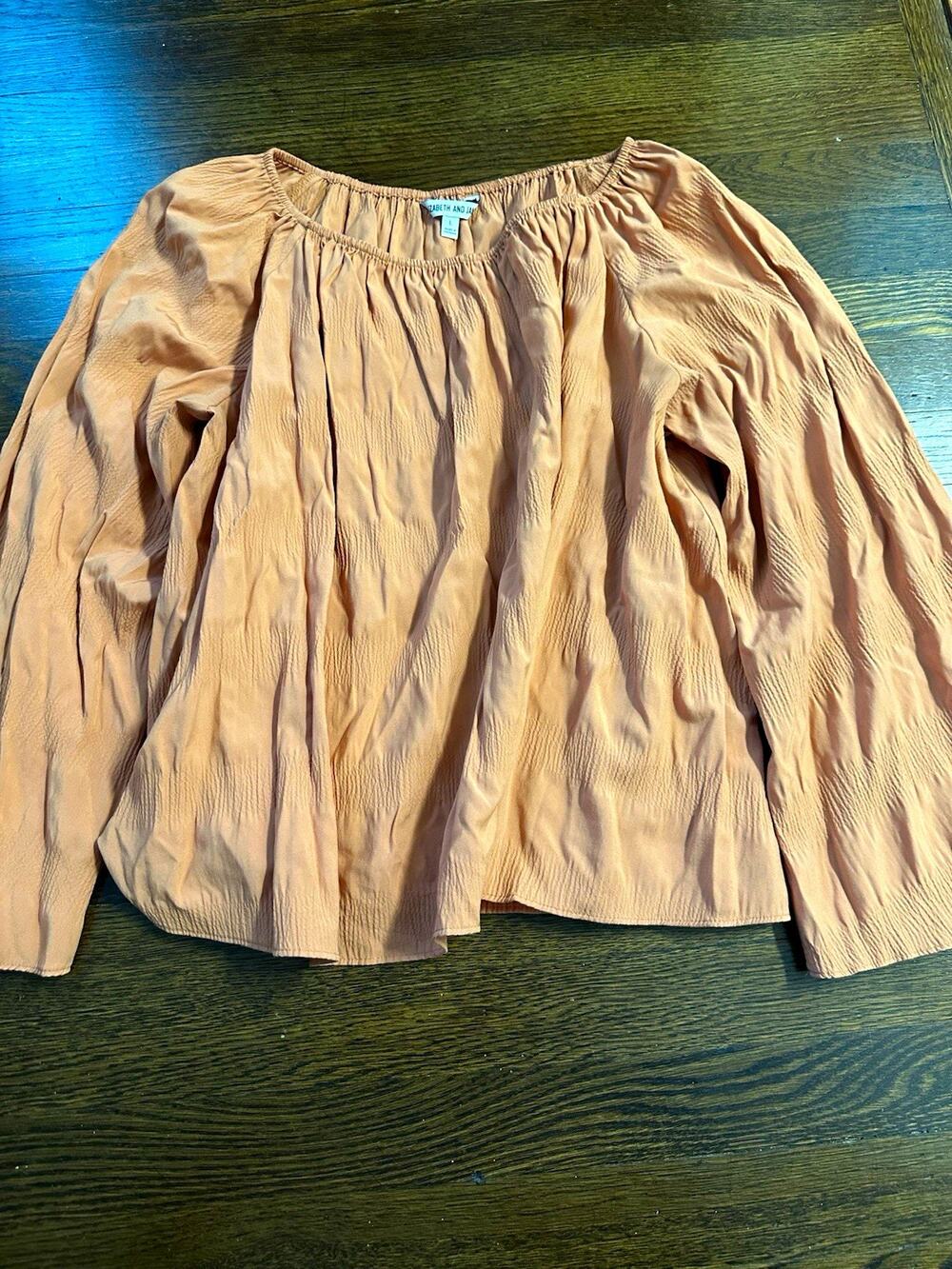 Elizabeth and James Orange Solid Pleated Boat Neck Long Sleeve Blouse L